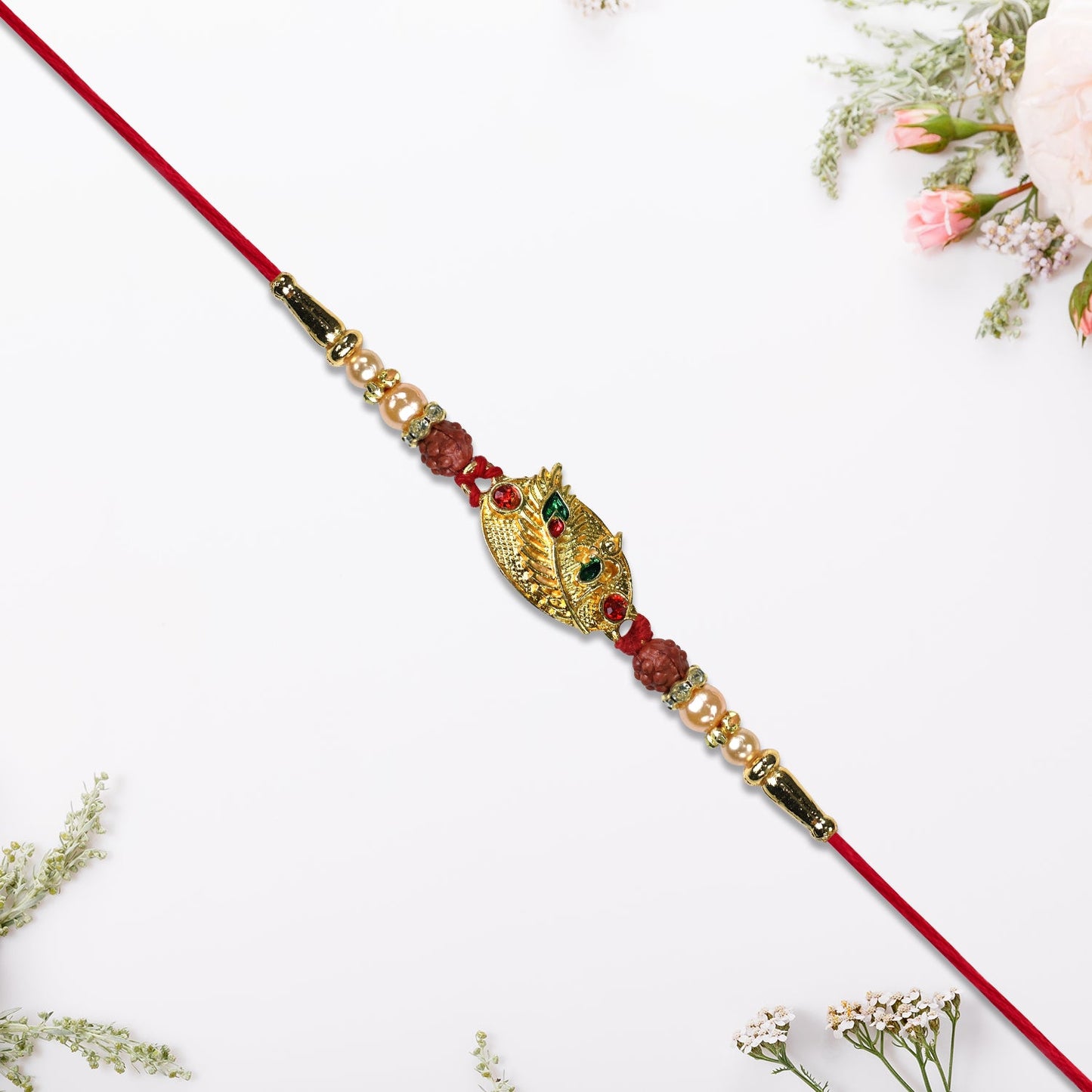 Designer Rakhi with Leaf Motif, Rudraksha & Pearls