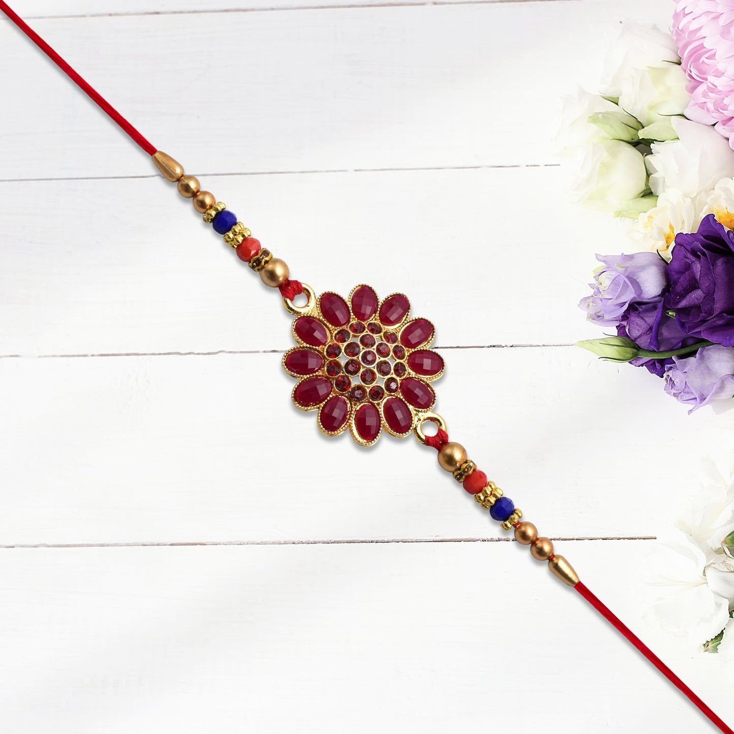 Red Floral Stone Rakhi with Bead Accents