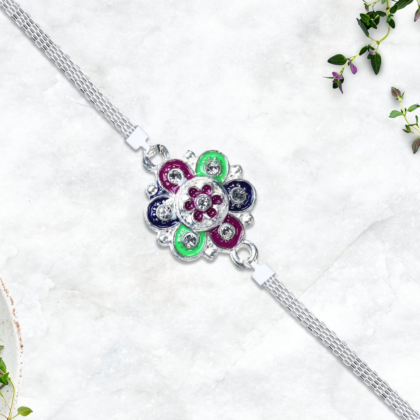 Silver Flower Motif Rakhi