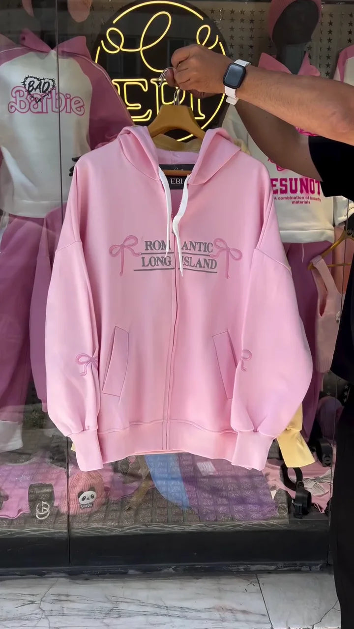 Trendy Women's Oversized Zip-Up Hoodies with 'Romantic Long Island' Print: Stylish Pink and Brown Sweatshirts Featuring Bow Graphics and Sleeve Details