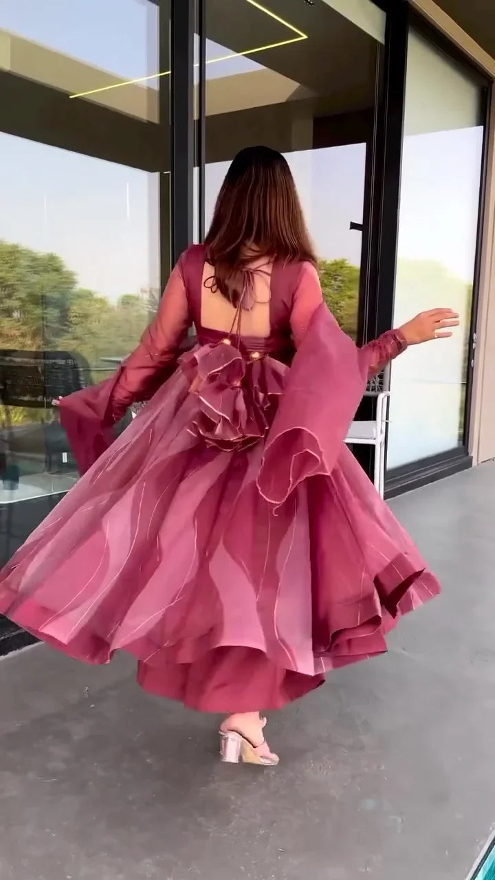Mauve Pink Organza Anarkali Suit Set Featuring a Flowing Full-Flare Kurta with Intricate Sequin Thread Work, Matching Wide-Leg Trousers, and a Coordinating Dupatta, Ideal for Festive Occasions