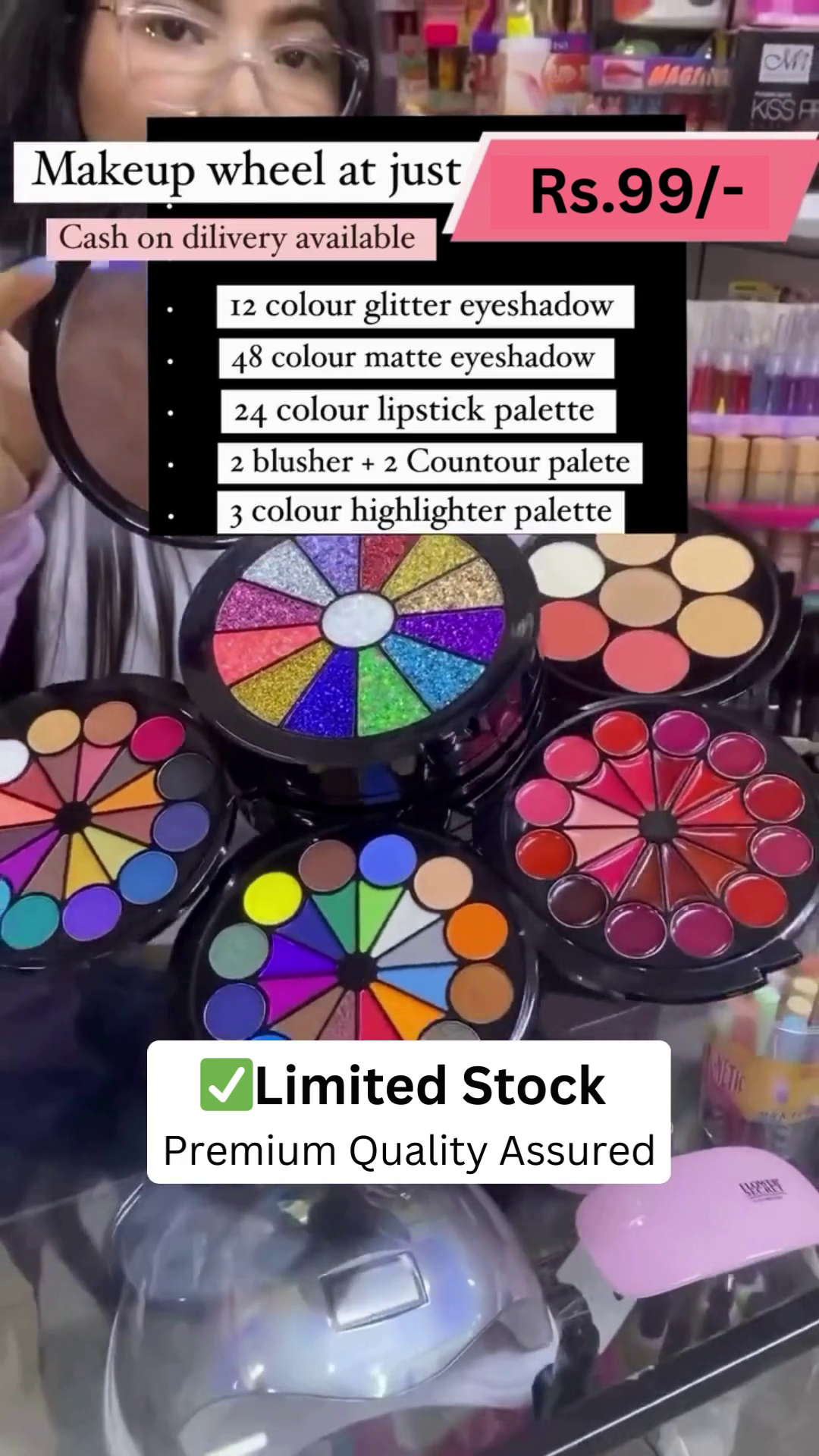 All-in-One Premium Makeup Wheel with 12 Glitter Eyeshadows, 48 Matte Eyeshadows, 24 Lip Colors, 2 Blushers, 2 Contour Shades, and 3 Highlighters – Compact, Colorful, and Perfect for Every Look