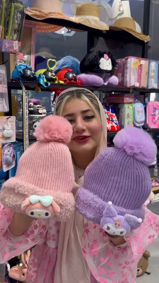 Adorable Kawaii Character Knitted Beanie Hats: Cozy Pink My Melody and Lilac Kuromi Winter Bobble Caps with Fluffy Pom-Poms and Fuzzy Trim