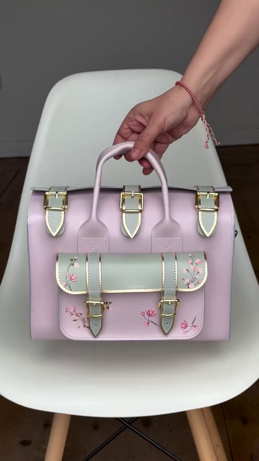 Pastel Floral Leather Satchel and Backpack Set – Soft Pink and Mint Green Colorway with Gold Accents, Chic Vintage-Inspired Design with Floral Embroidery, Perfect for Fashion-Forward Individuals