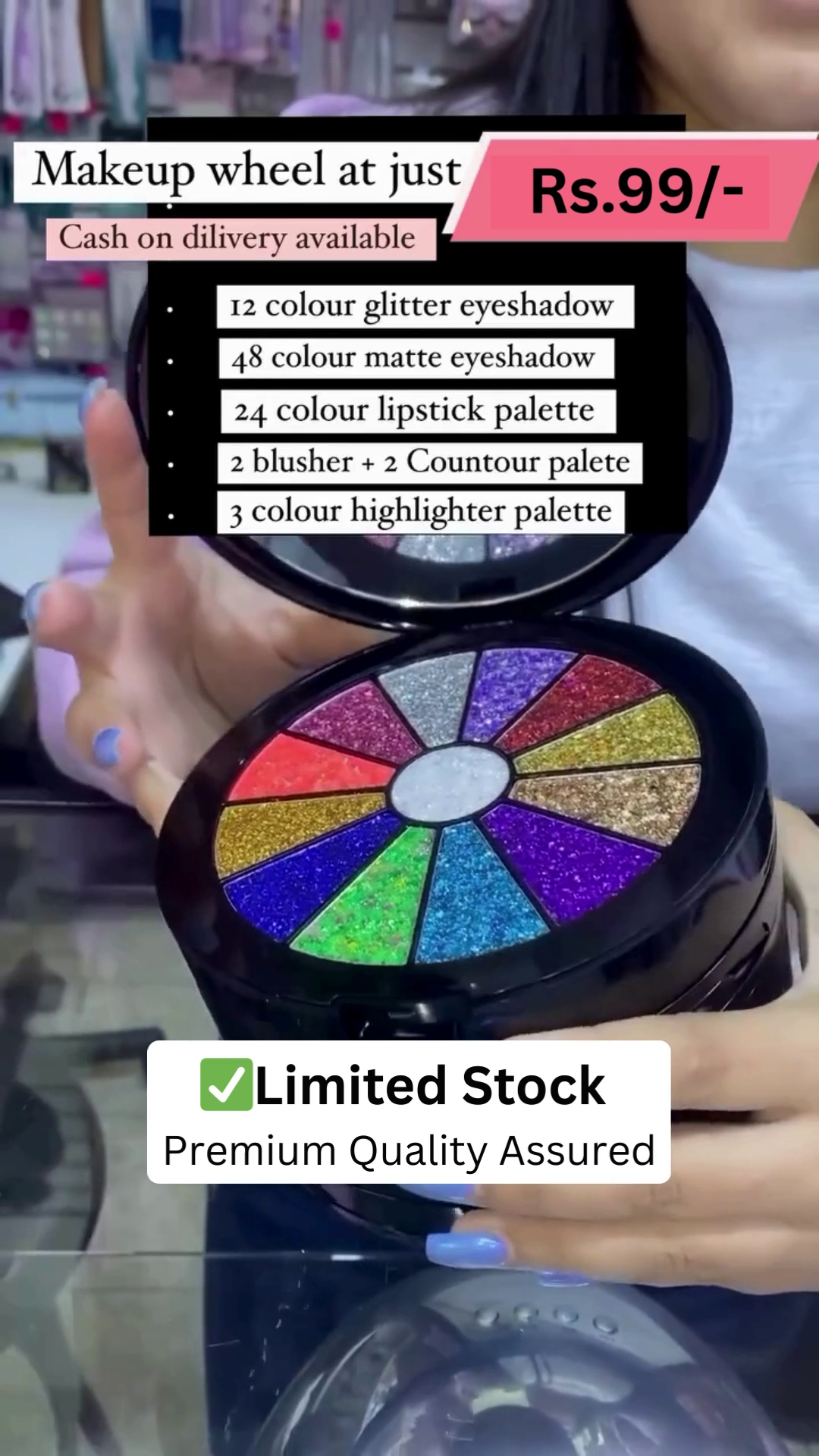 All-in-One Premium Makeup Wheel with 12 Glitter Eyeshadows, 48 Matte Eyeshadows, 24 Lip Colors, 2 Blushers, 2 Contour Shades, and 3 Highlighters – Compact, Colorful, and Perfect for Every Look