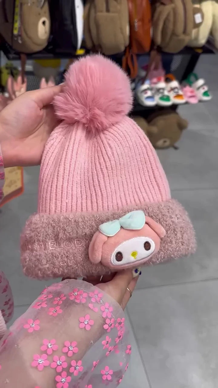 Adorable Kawaii Character Knitted Beanie Hats: Cozy Pink My Melody and Lilac Kuromi Winter Bobble Caps with Fluffy Pom-Poms and Fuzzy Trim