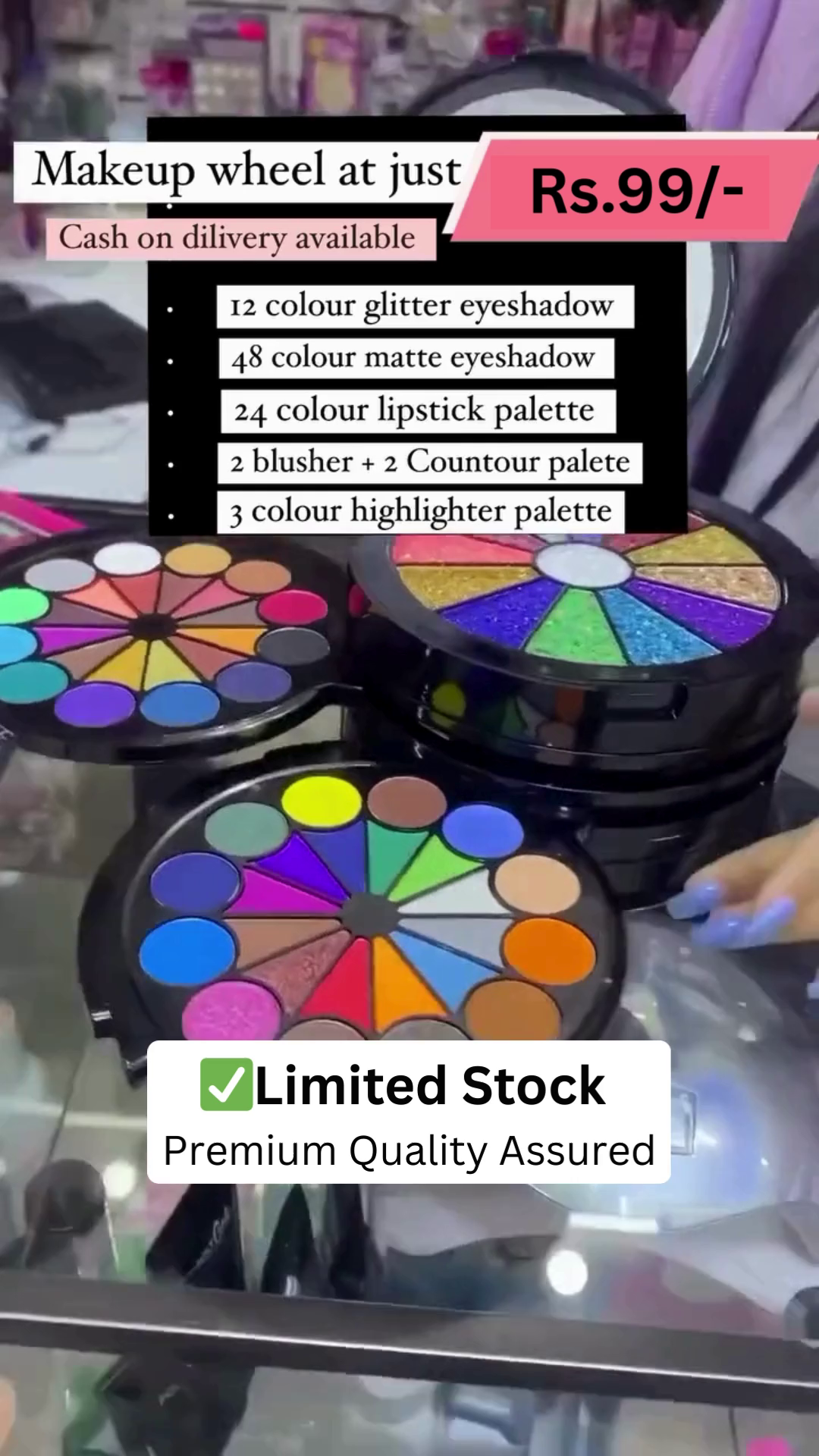 All-in-One Premium Makeup Wheel with 12 Glitter Eyeshadows, 48 Matte Eyeshadows, 24 Lip Colors, 2 Blushers, 2 Contour Shades, and 3 Highlighters – Compact, Colorful, and Perfect for Every Look