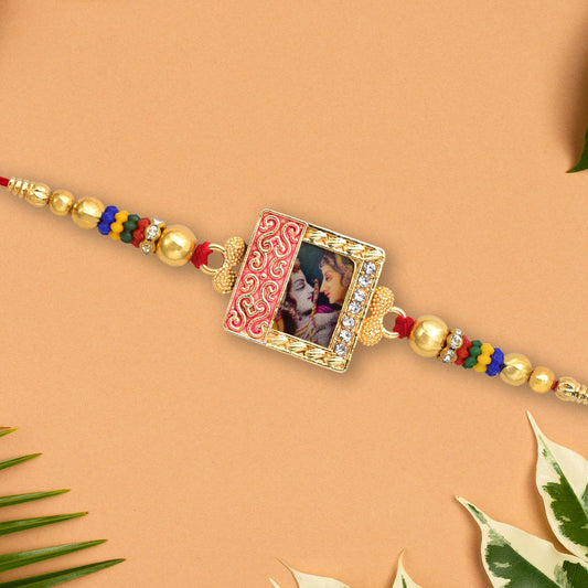 Radha Krishna Rakhi with Ornate Frame & Colorful Beads