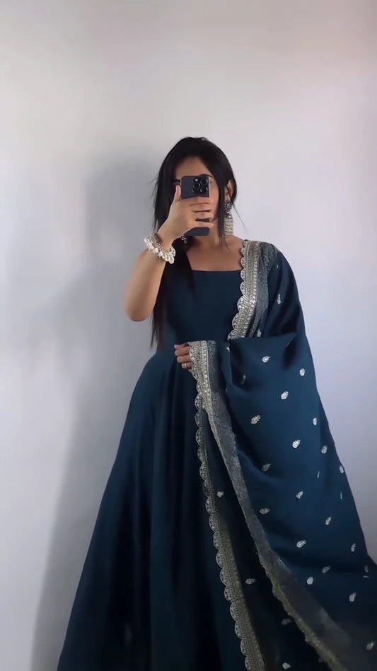 Dark Teal Blue Anarkali Gown with Heavy Flared Design and Embroidered Dupatta Featuring Golden Zari Border, Festive Ethnic Party Wear Indian Traditional Long Dress for Women
