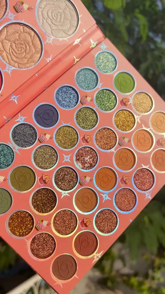 Large Multi-Color Eyeshadow Palette with Matte, Shimmer & High-Pigment Glitter Shades, Featuring Rose-Embossed Pans and Vibrant Warm–Cool Tones for Creative, Festive, Bridal & Everyday Eye Looks