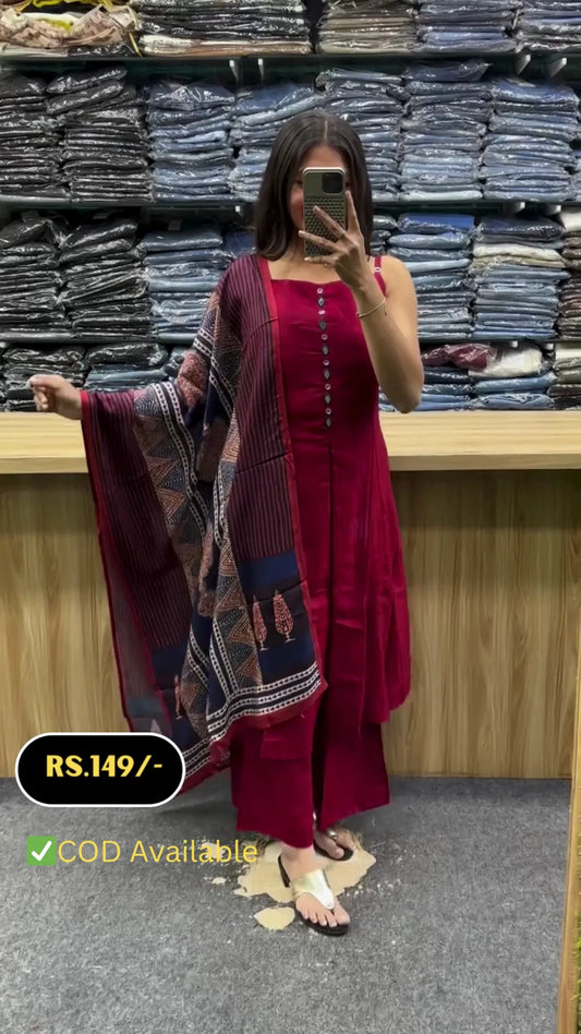 Wine Red Women's Ethnic Kurta Set with Sleeveless Straight-Fit Kurti, Matching Palazzo Pants, and Contrasting Traditional Printed Dupatta