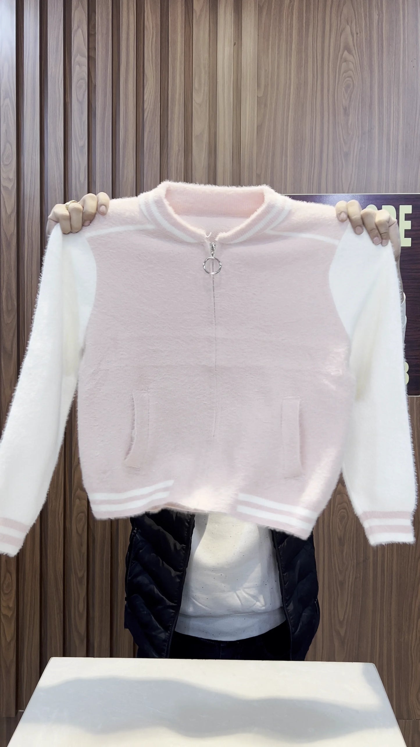 Faux Fur/Fluffy Knit Varsity Bomber Jacket Featuring Contrast Sleeves and Striped Ribbed Trim, Complete with a Zip Front and Front Pockets, Available in Pink/White and White/Black Color