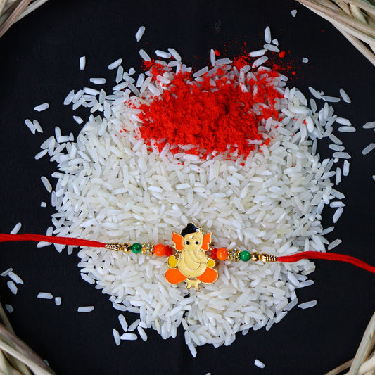 Cute Bal Ganesha Rakhi with Orange-Green Beads and Red Thread