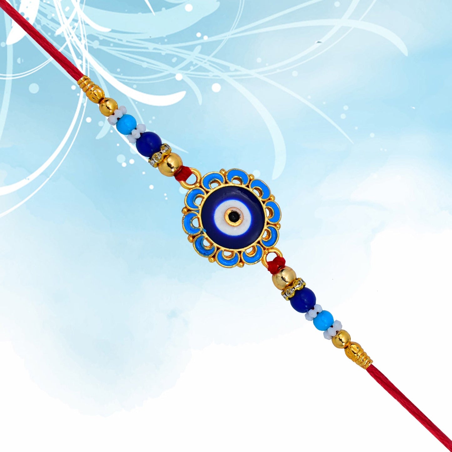 Evil Eye Rakhi with Blue Beads and Golden Accents – Protective Nazar Design