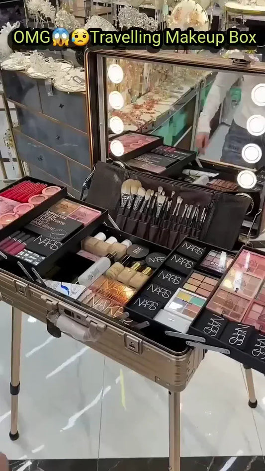 Travel-Ready Beauty Case with LED Vanity Mirror, Featuring a Complete Set of Makeup Products and Professional Brushes for Stunning Makeup Anywhere