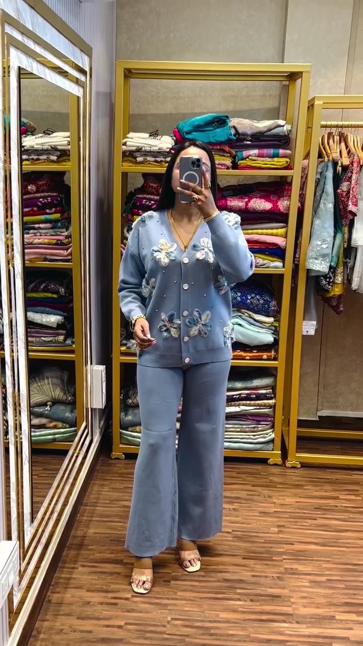 Luxury Pastel Blue Knitted Co-ord Set for Women – Floral 3D Appliqué Button-Down Cardigan and Matching Wide-Leg Lounge Pants – Premium Winter Loungewear and Casual Outerwear