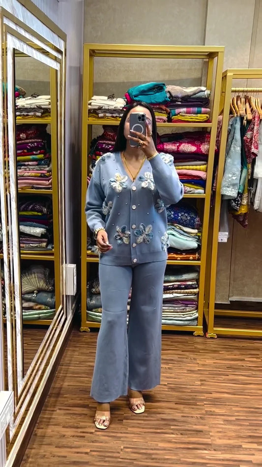 Luxury Pastel Blue Knitted Co-ord Set for Women – Floral 3D Appliqué Button-Down Cardigan and Matching Wide-Leg Lounge Pants – Premium Winter Loungewear and Casual Outerwear