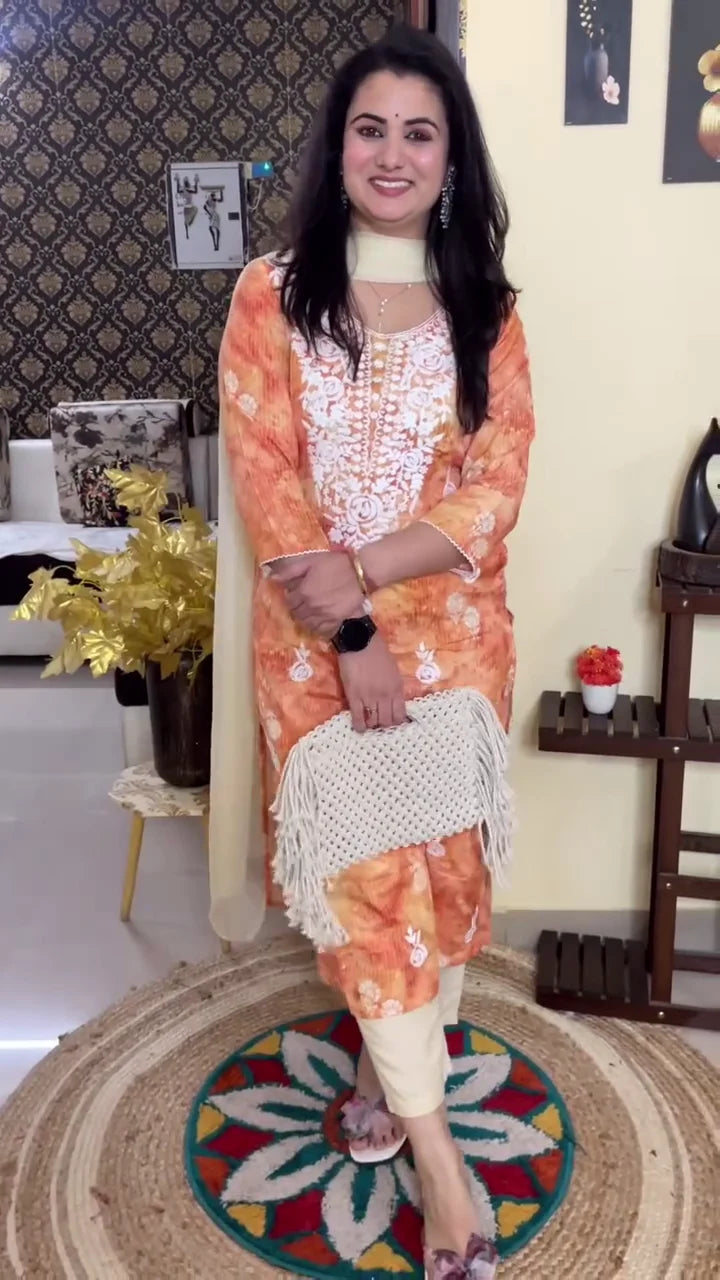 Premium Women's Ethnic Wear Collection Featuring an Orange Tie-Dye Embroidered Kurta Set with Dupatta and a Vibrant Yellow Striped Floral Work Kurti Set