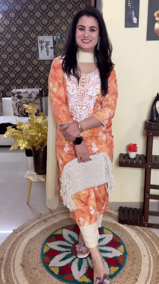 Premium Women's Ethnic Wear Collection Featuring an Orange Tie-Dye Embroidered Kurta Set with Dupatta and a Vibrant Yellow Striped Floral Work Kurti Set