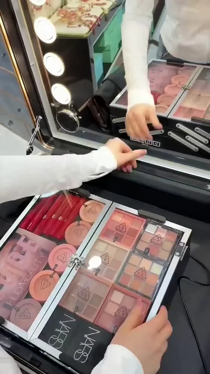 Portable Makeup Organizer with LED Mirror and Bright Lighting, Ideal for Travel, Includes an Assortment of Beauty Products, Brushes, and Accessories