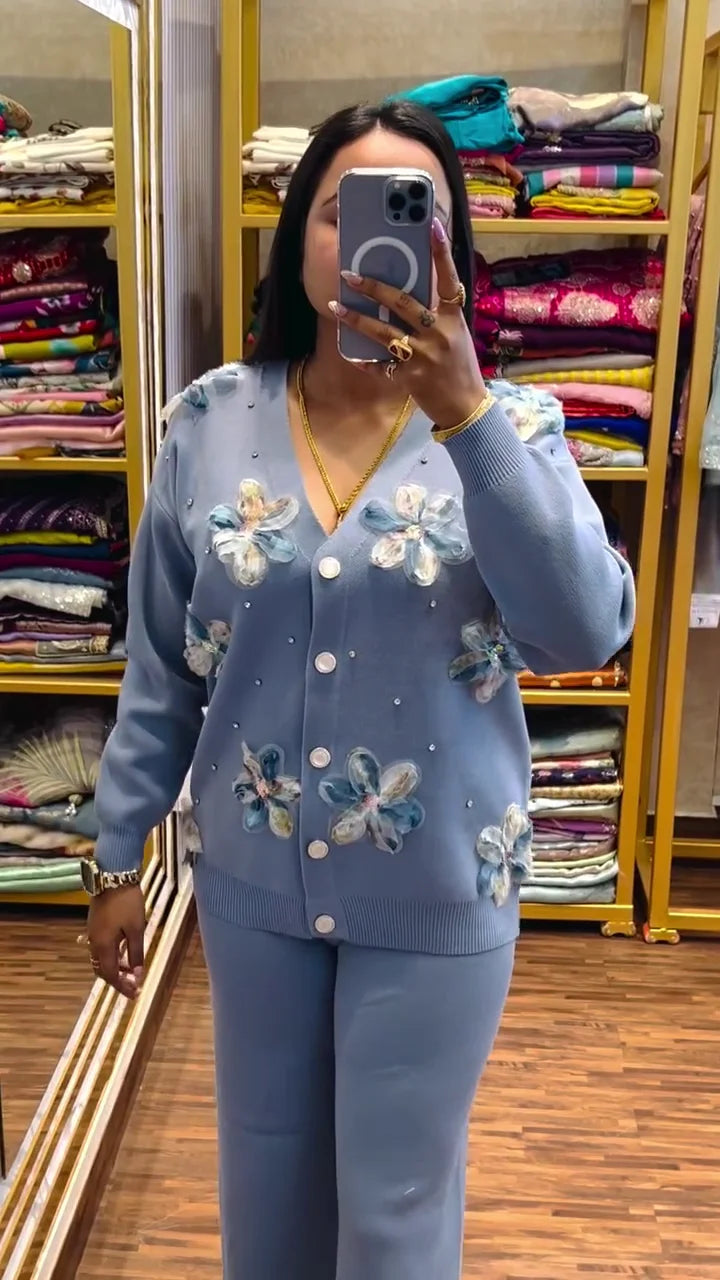 Luxury Pastel Blue Knitted Co-ord Set for Women – Floral 3D Appliqué Button-Down Cardigan and Matching Wide-Leg Lounge Pants – Premium Winter Loungewear and Casual Outerwear