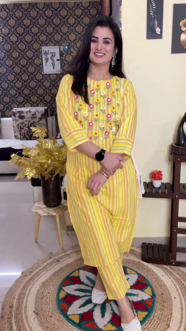 Premium Women's Ethnic Wear Collection Featuring an Orange Tie-Dye Embroidered Kurta Set with Dupatta and a Vibrant Yellow Striped Floral Work Kurti Set