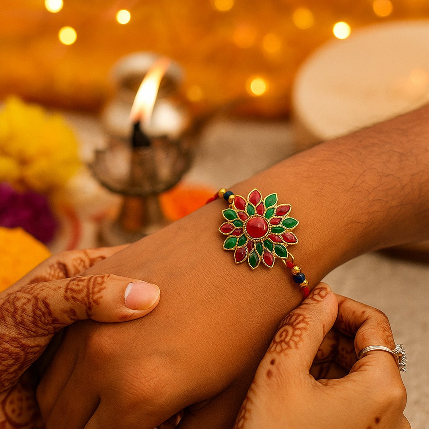 Red and Green Colored Stone flower design Rakhi