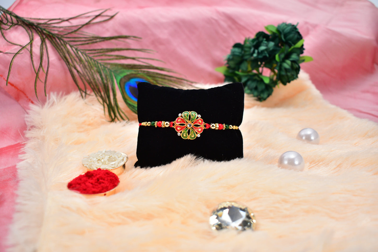 Designer Flower Rakhi with Colorful Enamel Petals and Golden Beads