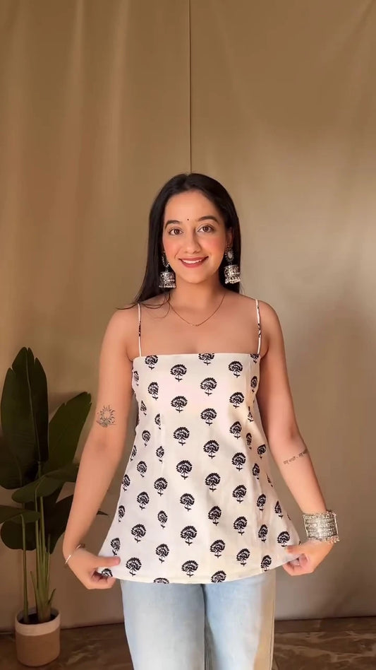 Cotton Block Print Sleeveless Strap Tops for Women in White and Blue Ethnic Patterns – Casual Summer Wear Kurti Tops with Adjustable Fit, Perfect for Jeans, Palazzo or Fusion Styling