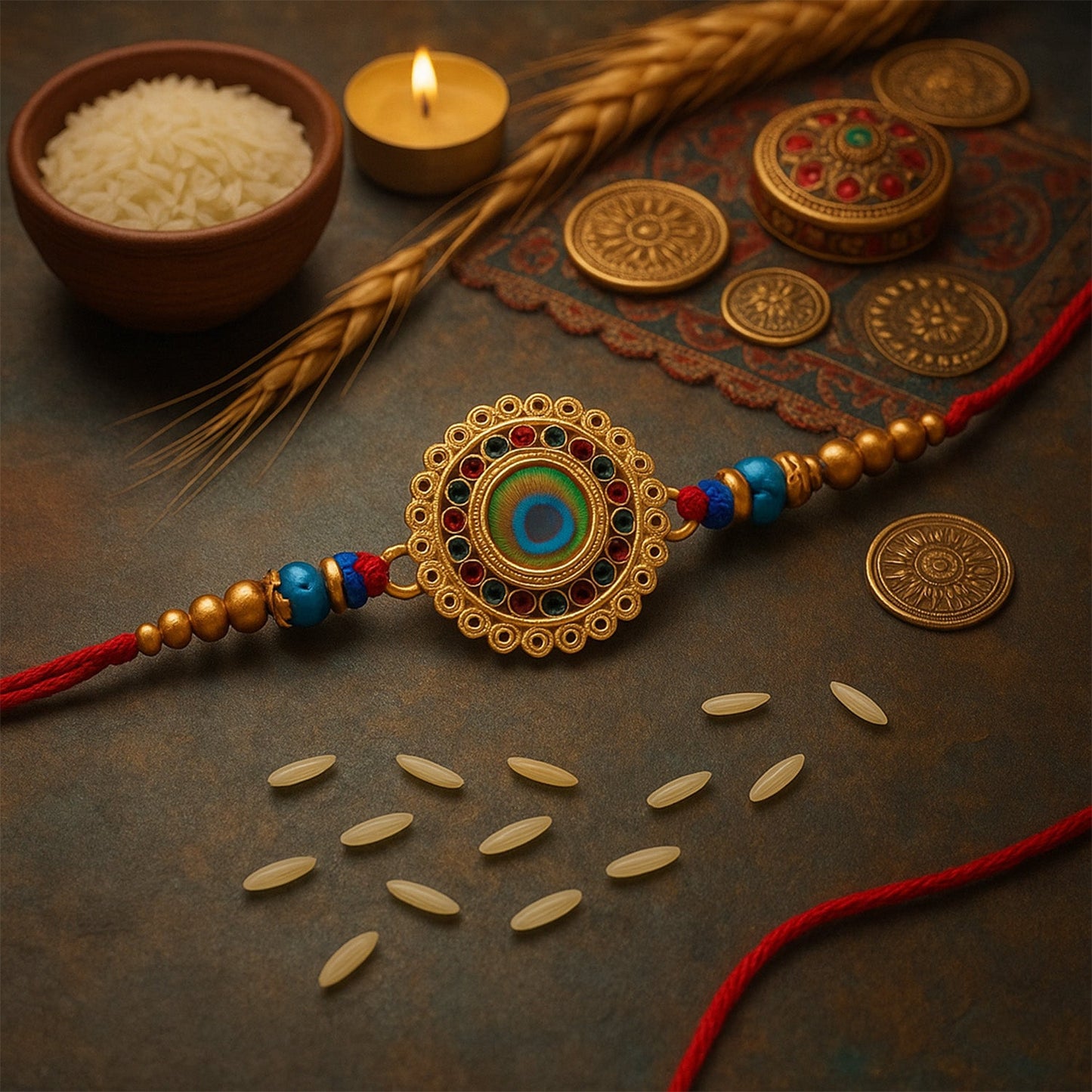 Traditional Flower Design Golden Rakhi