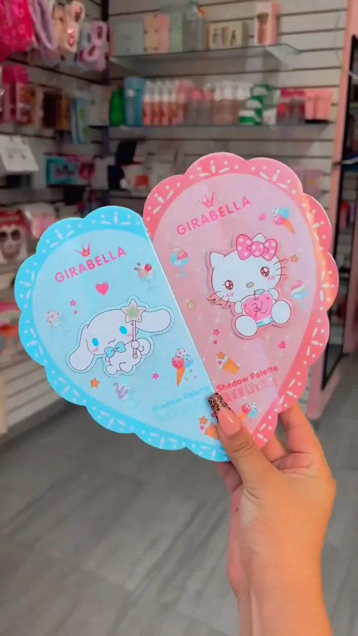 Split Heart Eyeshadow Palette: Cinnamoroll & Hello Kitty Cotton Candy Edition with Bright Glitter, Shimmer, and Matte Shades