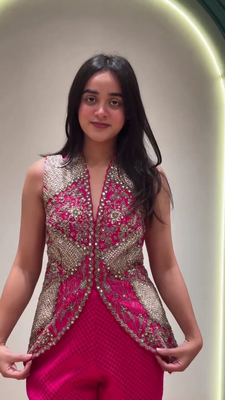Vibrant Fuchsia Pink Indo-Western Fusion Set – Heavily Embellished Zardosi Sleeveless Peplum Tunic with Flowy Wide-Leg Sharara Trousers