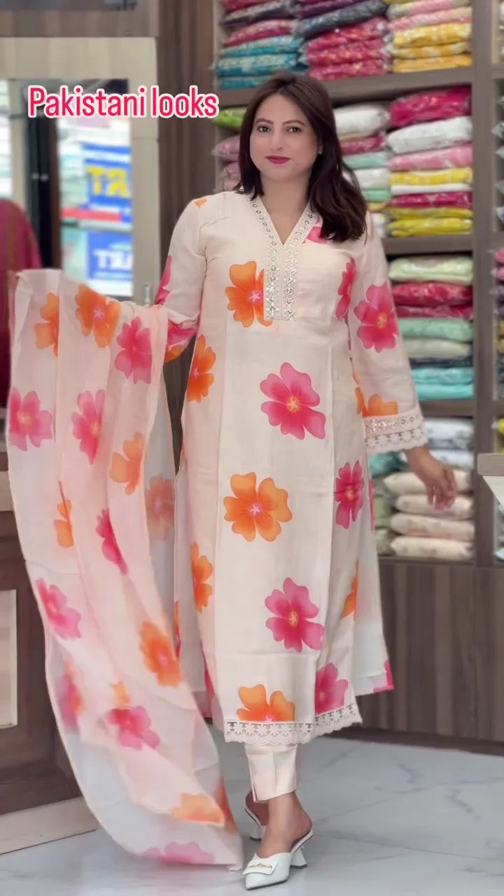 Elegant Cream Floral Organza Salwar Suit Set with Large Hibiscus Prints, Intricate Lace Borders, and Matching Printed Dupatta