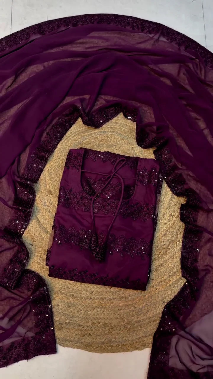 Luxurious Ensemble Featuring a Heavily Embellished Brown/Mauve Sleeveless Blouse with Tassels and Intricate Horizontal Beadwork, Paired with a Matching Georgette Dupatta Accented by a Thick Scalloped Sequin Border