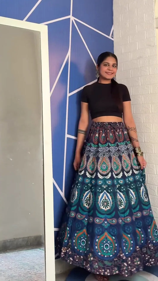Women's Cotton Jaipuri Printed Wrap Around Maxi Skirt with Ethnic Peacock, bandhani and Mandala Design for Casual or Festive Wear