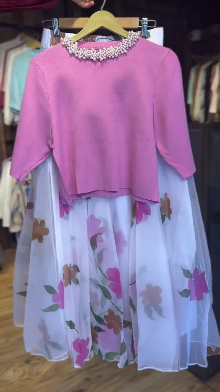 Pink and White Floral Sheer Skirt and Top Sets, and Adorable Tiered Children's Summer Dresses with Tulip and Duckling Appliqués