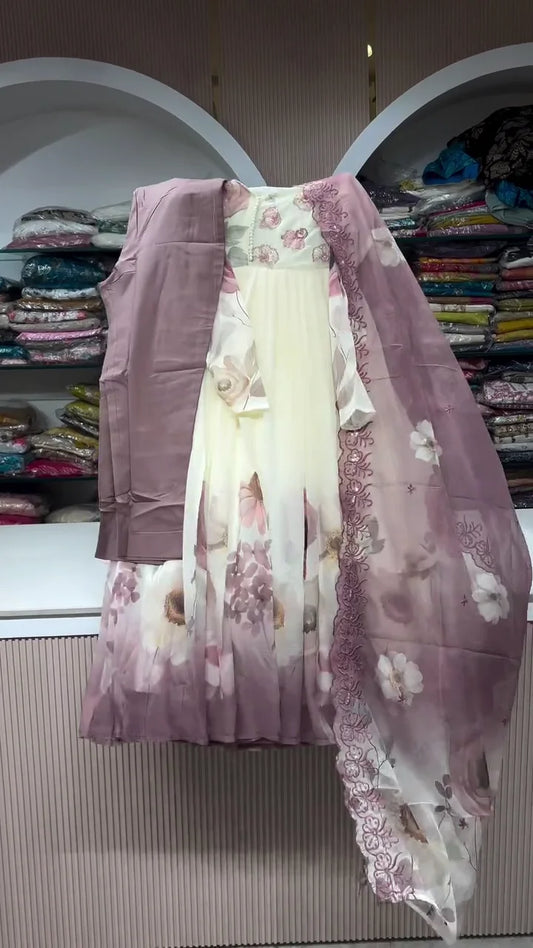 Elegant Pink and White Anarkali Dress for Women – Designer Floor-Length Flared Kurta with Ethnic Embroidery, Perfect for Weddings, Festive Occasions & Party Wear