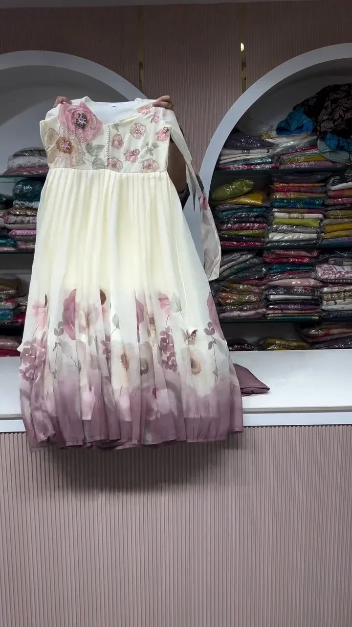 Elegant Pink and White Anarkali Dress for Women – Designer Floor-Length Flared Kurta with Ethnic Embroidery, Perfect for Weddings, Festive Occasions & Party Wear