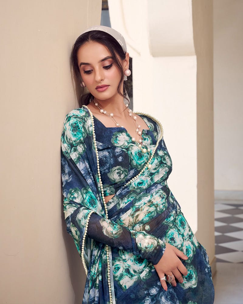 Navy Blue Color Weightless Marble Printed Saree