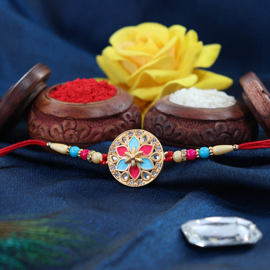 Round Floral Rakhi with Pink-Blue Enamel and Beaded Thread
