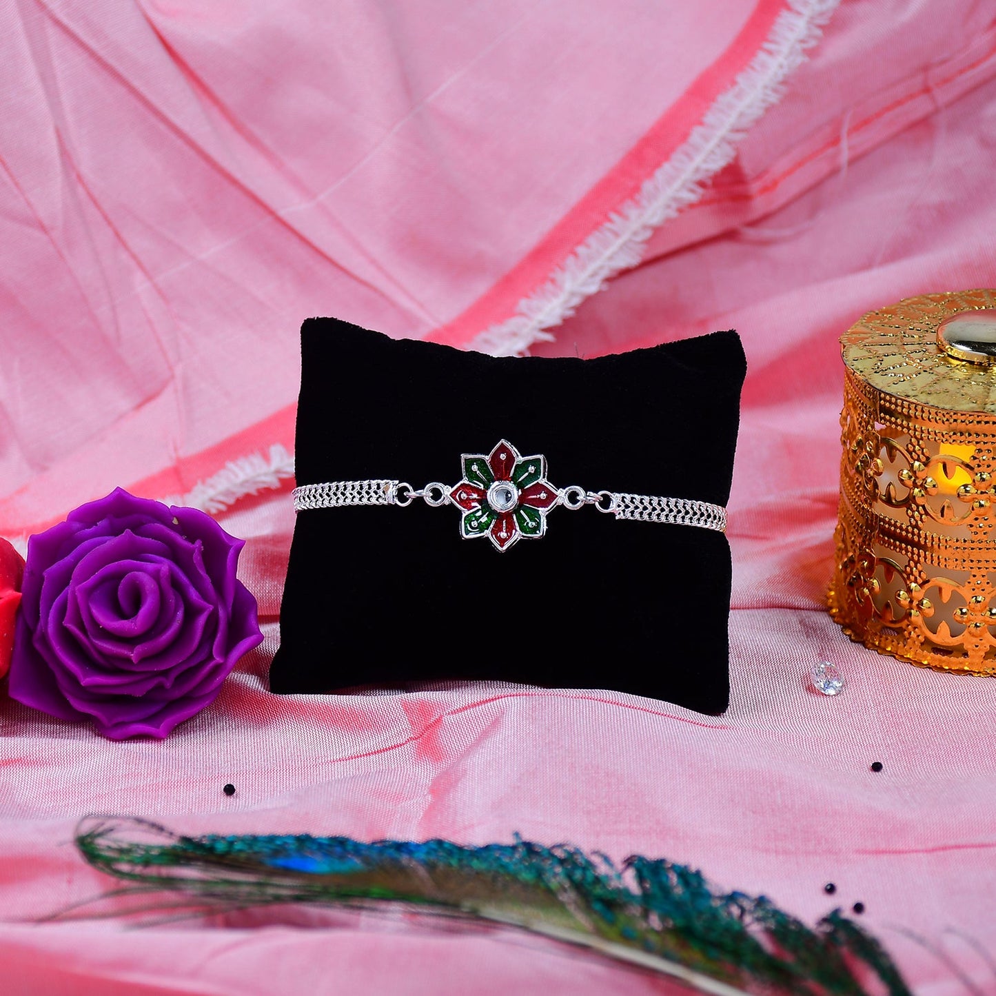Star Floral Rakhi with Red-Green Enamel and Silver Chain