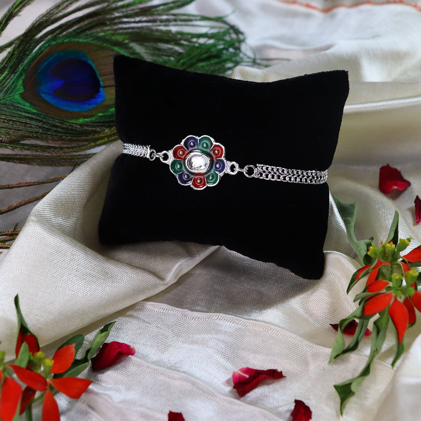 Colorful Petal Design Rakhi on Silver Chain