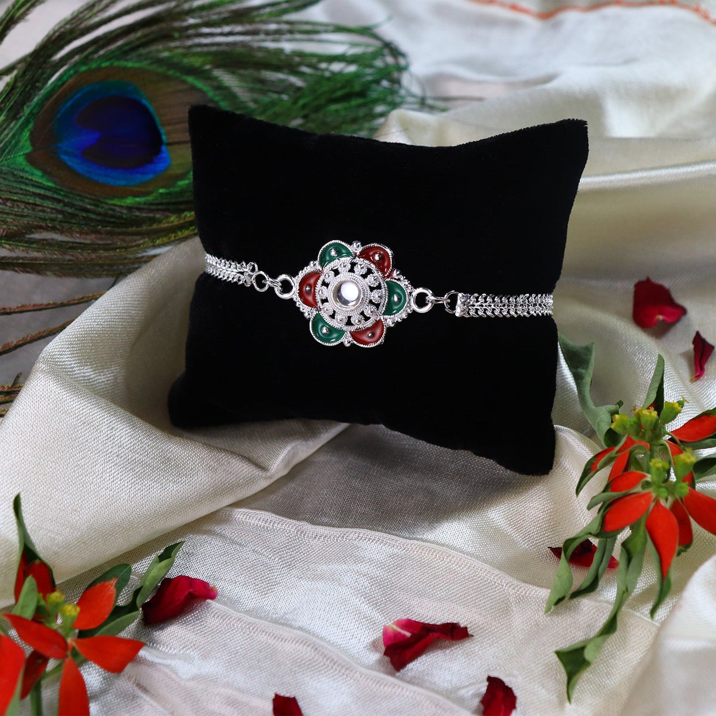 Designer Flower Rakhi with Mirror Stone Center and Dual-Link Metal Chain