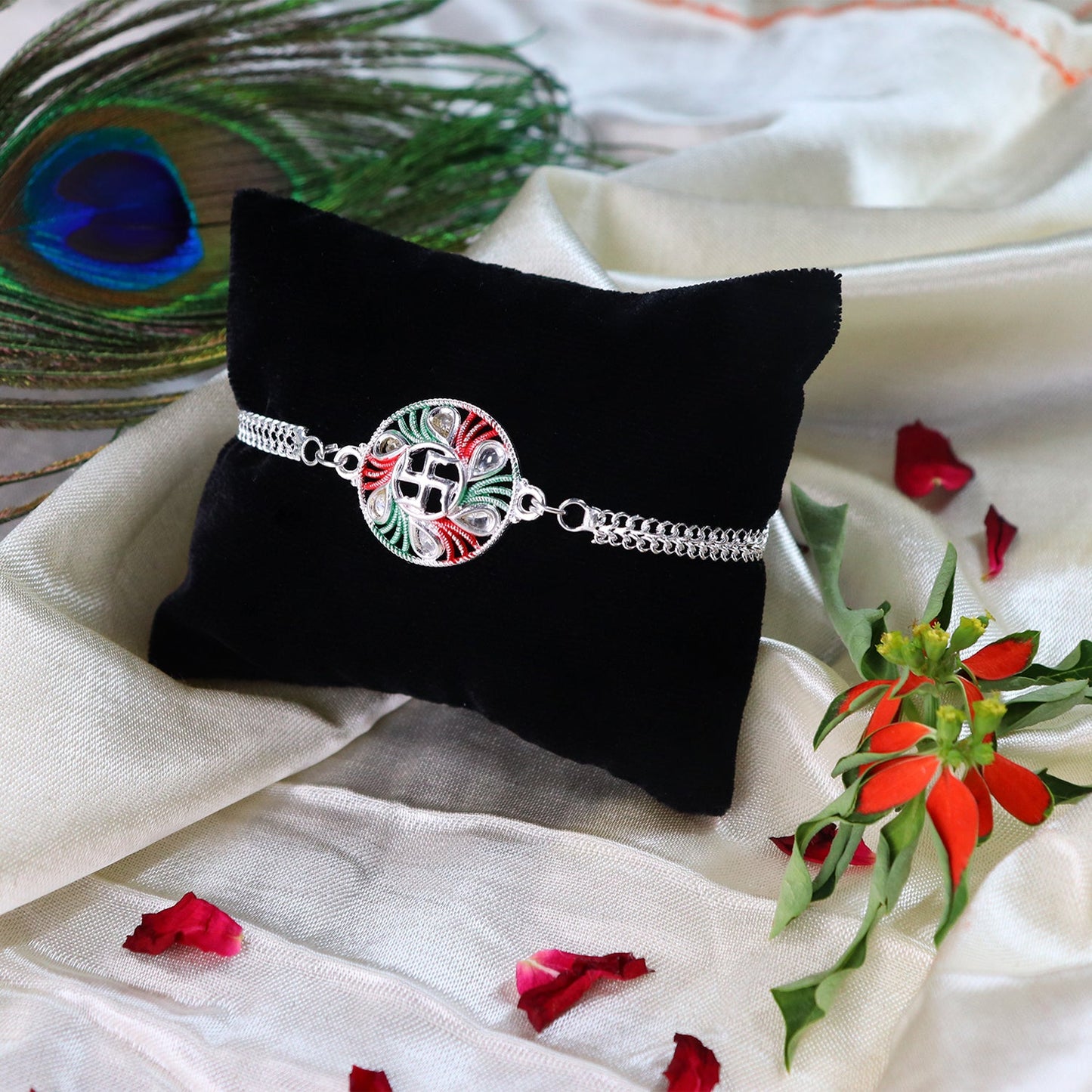 Swastik Design Rakhi with Tricolor Enamel and Silver Metal Chain