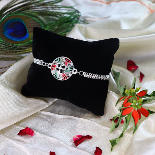 Swastik Design Rakhi with Tricolor Enamel and Silver Metal Chain