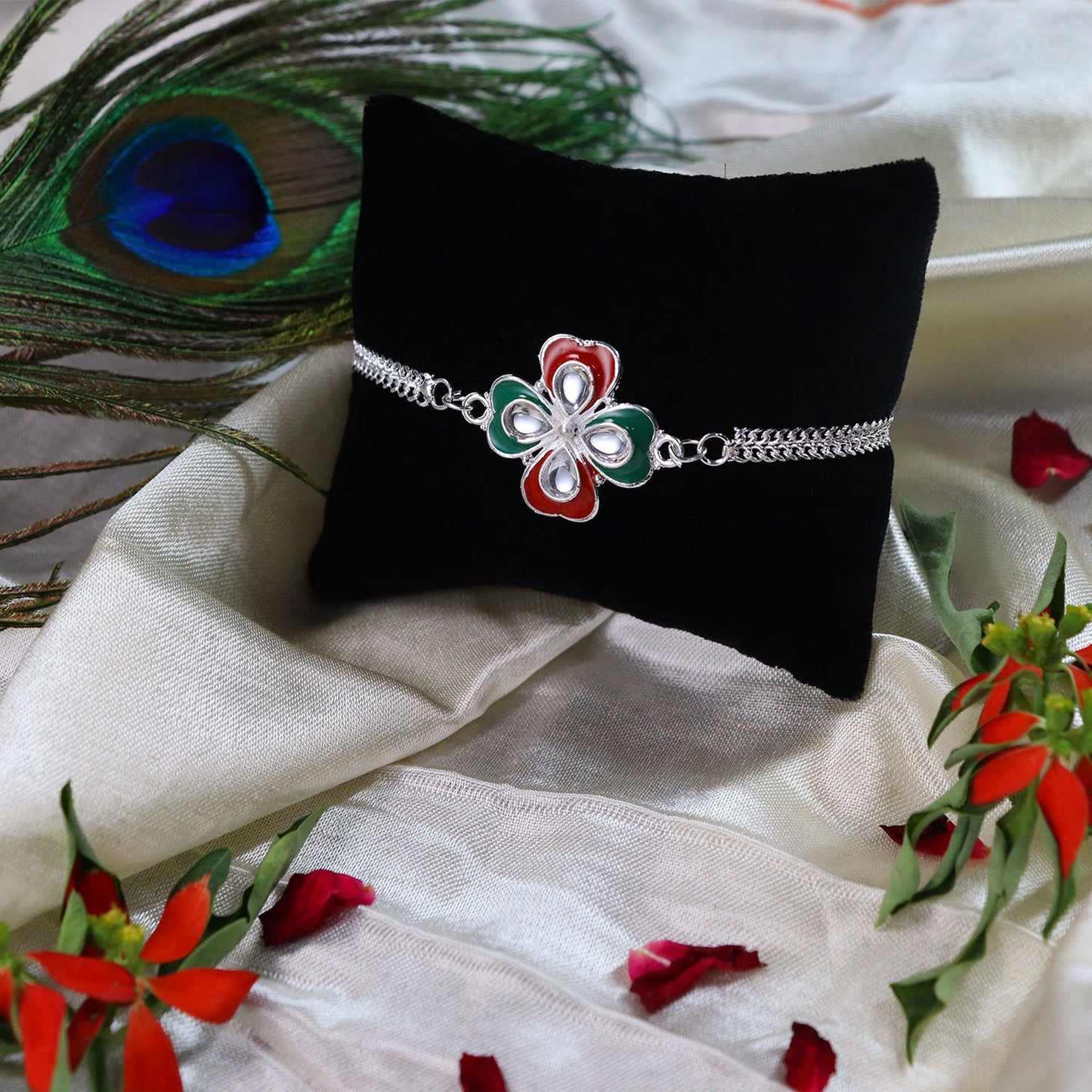 Elegant Floral Rakhi with Tricolor Enamel and Silver-Tone Metal Chain