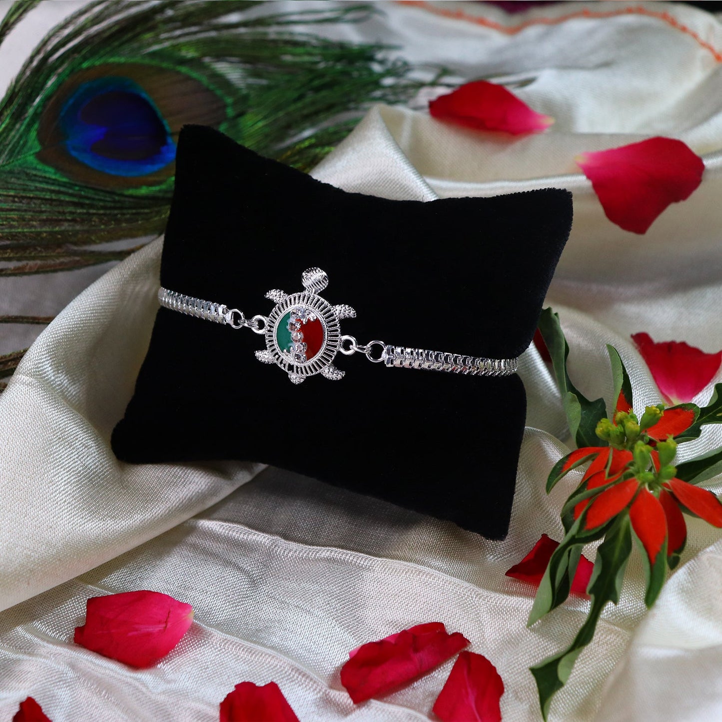 Turtle Motif Rakhi with Red-Green Enamel and Silver Metal Chain