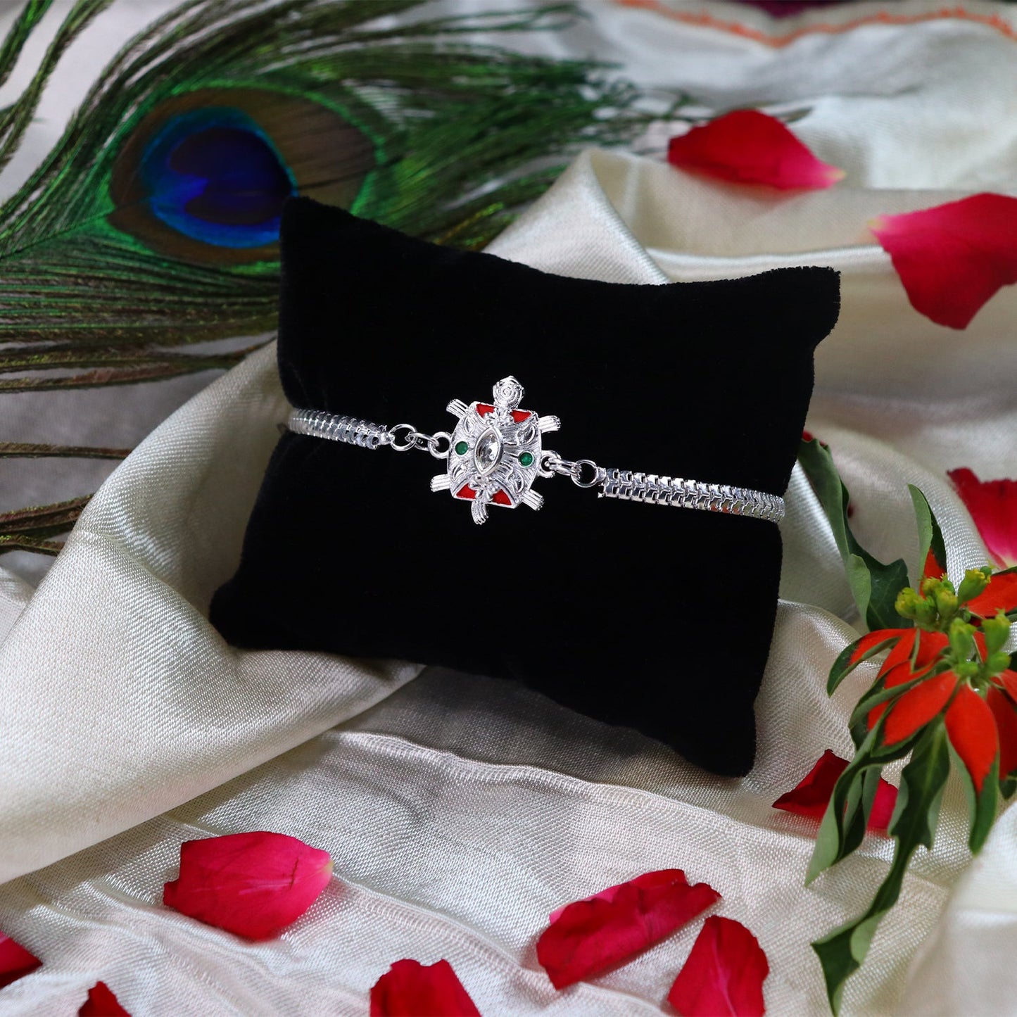 Designer Turtle Rakhi with Silver Finish and Enamel Highlights