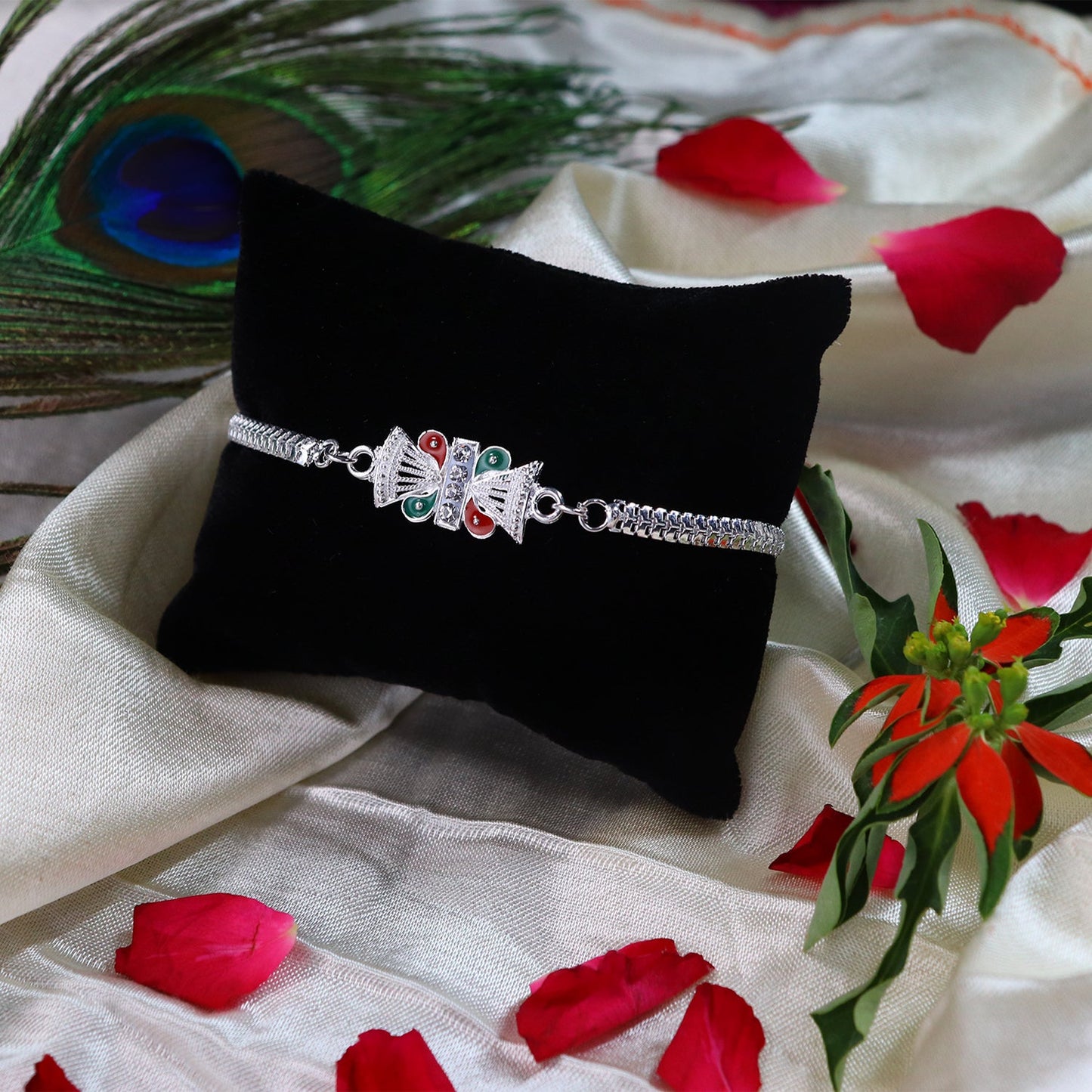 Lord Shiva Damru Rakhi with Tricolor Accents and Stylish Silver Chain