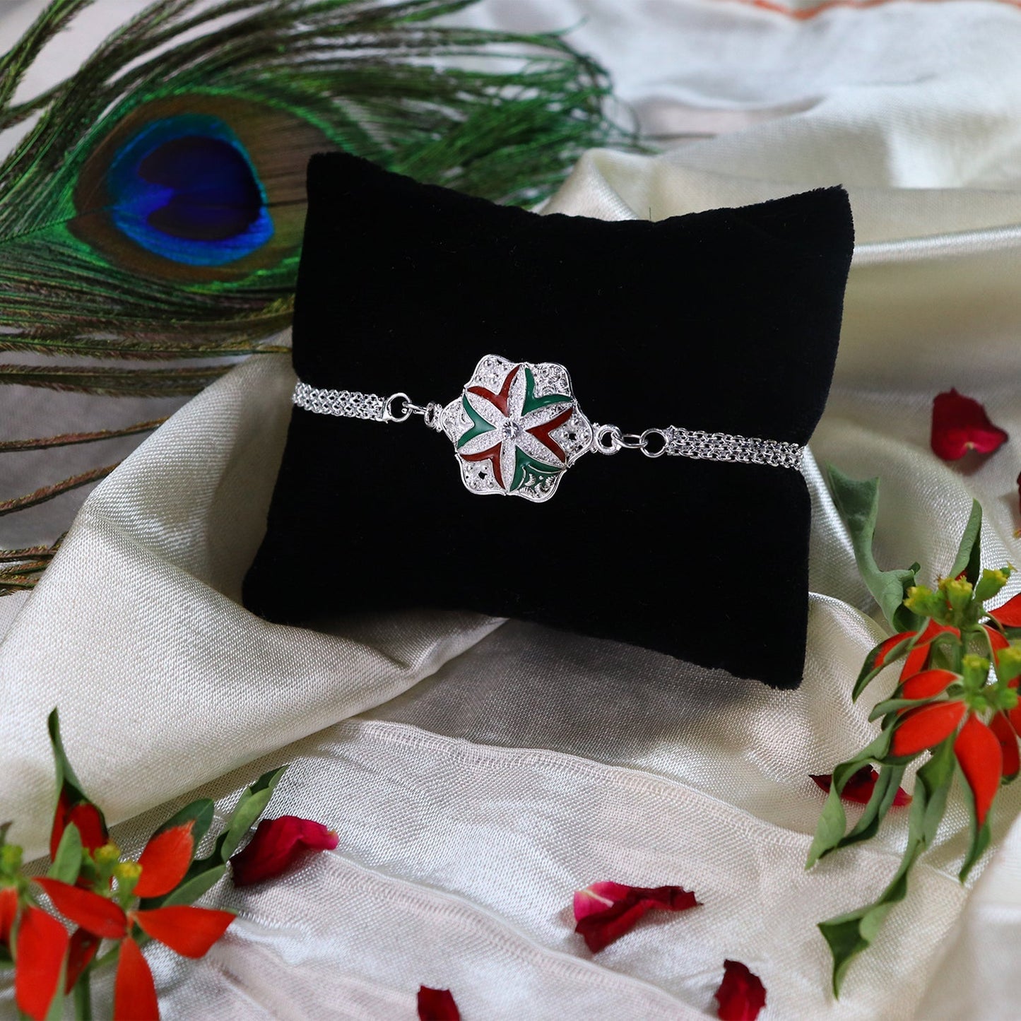 Designer Flower Rakhi With Silver Chain
